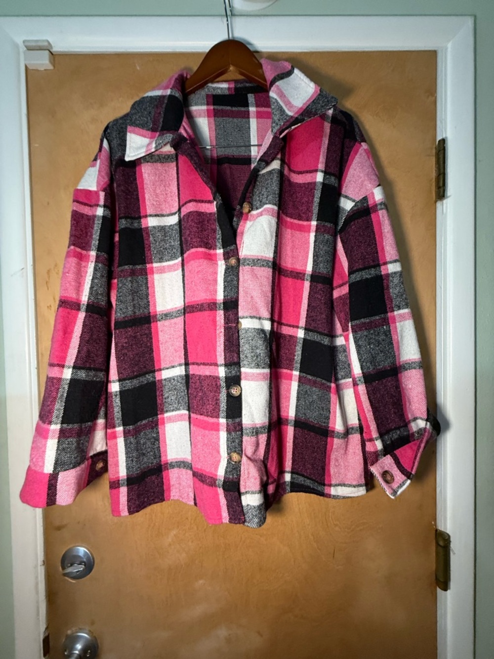 Pink Black White Plaid Button-Up Shacket
